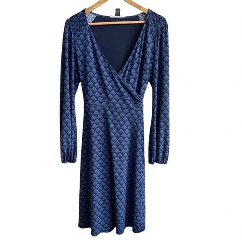 Laundry by Shelli Segal Navy Blue Geometric Scallop Faux Wrap Dress 4 Long Slv